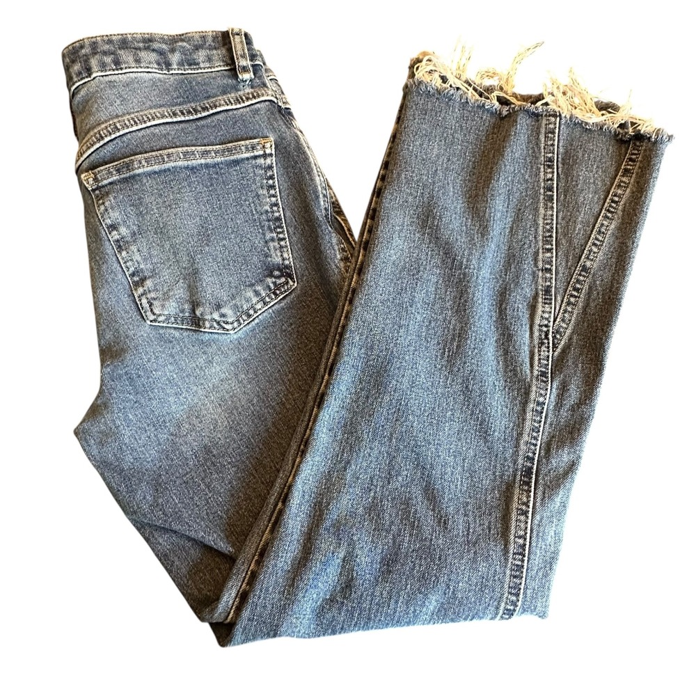 Free People‎ Jeans Size 28 Blue Crop Flare Jeans Frayed Hem Raw Edge Denim
